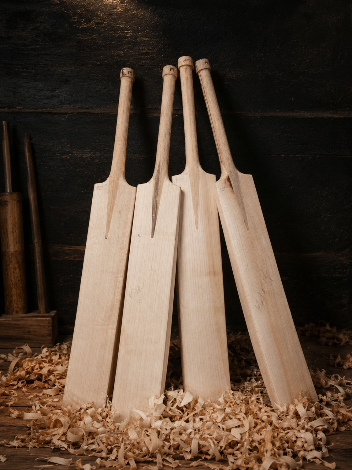 Unfinished cricket bats selected in the workshop
